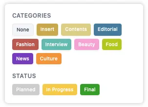 The sidebar's category and status sections, each showing color-coded pills ready to be clicked or dragged onto pages.