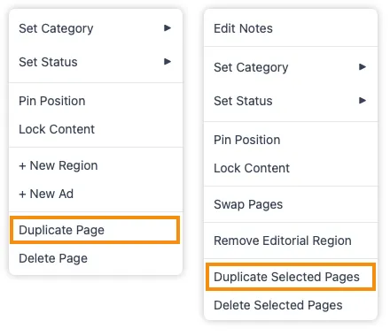 The single-page and multi-page right-click menus side by side, with Duplicate Page and Duplicate Selected Pages highlighted in each.