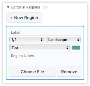 The sidebar focused on an editorial region, showing controls for size (half or quarter page), orientation, position on the page, and label.