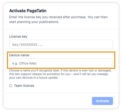 The activation screen with the Device name field highlighted, where you name a machine so its activation can be identified later.