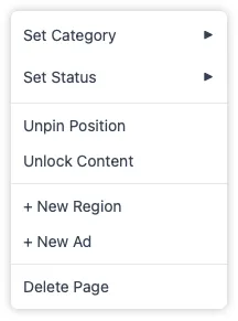 The full right-click context menu for a page, mirroring the sidebar with options for category, status, pin, lock, add region, add ad, and delete.