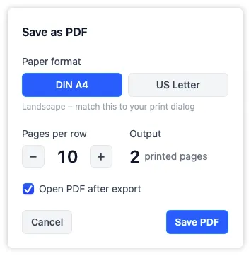 The PDF export overlay with paper format and pages-per-row controls, showing how the output layout adjusts before you confirm and save to Downloads.