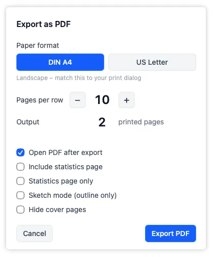 The PDF export overlay with paper format and pages-per-row controls, showing how the output layout adjusts before you confirm and choose where to save it.