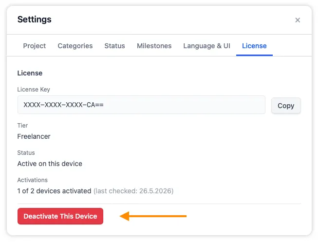 The License tab in Settings with the Deactivate this device button highlighted – the starting point for moving PageTatin to a new machine.