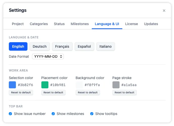 The Language and UI tab with controls for app language, date format, work area color themes, and top bar display options.
