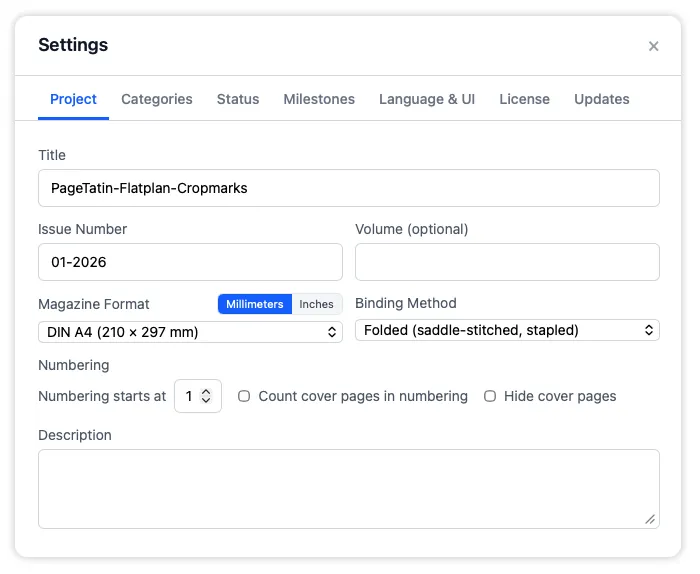 The Project tab in Settings for updating the publication title, paper format, binding method, page numbering start, and issue description.