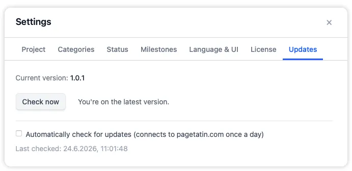 The Updates tab in Settings with the current version, a check-now button, and an automatic-check toggle for keeping PageTatin current.