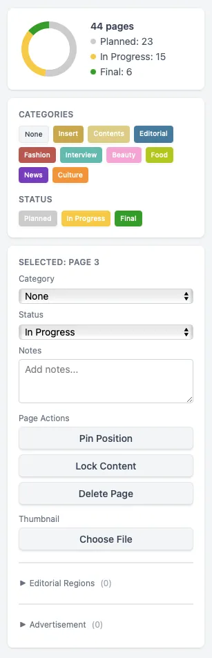 The context-sensitive sidebar with the progress ring, category and status lists, and selected page controls all visible at once.
