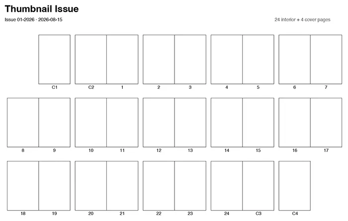 A PDF exported with Sketch Mode enabled, showing blank spread outlines with no thumbnails or text, ready to print and sketch on by hand.