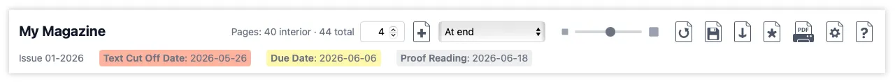 The top bar of a PageTatin flatplan, showing publication title, issue number, live page counts, zoom slider, and the action button row.